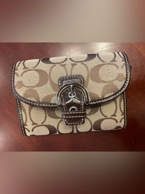 Coach Canvas Monogram Wallet in Brown and Tan with Patent Trim